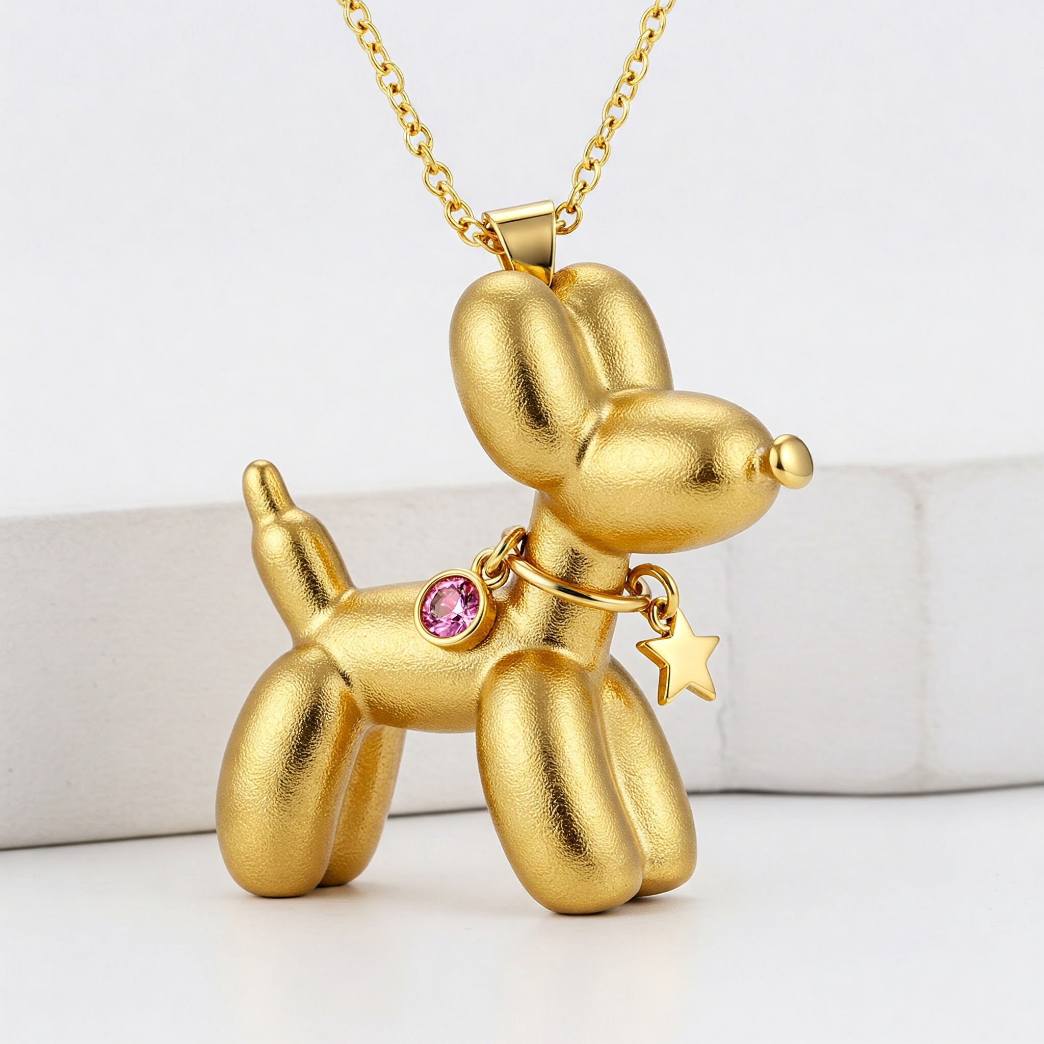 Matte Gold Stainless Steel Balloon Dog Pendant Necklace with Pink Gemstone